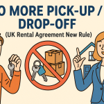 イギリス賃貸契約の新ルール『No More Pick-Up／Drop-Off』を紹介するポップなイラスト。鍵と段ボールに禁止マーク、説明する不動産エージェントと戸惑う入居者の人物。