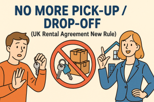 イギリス賃貸契約の新ルール『No More Pick-Up／Drop-Off』を紹介するポップなイラスト。鍵と段ボールに禁止マーク、説明する不動産エージェントと戸惑う入居者の人物。