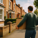 ロンドンの住宅街で引っ越し用の段ボールを運ぶ人。イギリス賃貸契約の途中解約やBreak Clauseに関するブログ記事用アイキャッチ。