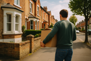 ロンドンの住宅街で引っ越し用の段ボールを運ぶ人。イギリス賃貸契約の途中解約やBreak Clauseに関するブログ記事用アイキャッチ。