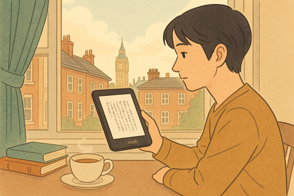 ロンドンのアパートの窓辺でKindle端末を読む日本人のイラスト。デスクには紅茶と本があり、海外でも日本のKindle本を楽しむ様子を描いた温かい雰囲気のイメージ。
