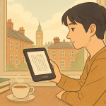 ロンドンのアパートの窓辺でKindle端末を読む日本人のイラスト。デスクには紅茶と本があり、海外でも日本のKindle本を楽しむ様子を描いた温かい雰囲気のイメージ。