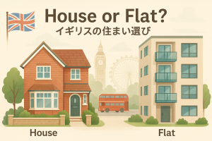 イギリスの典型的な住宅街で、一軒家（ハウス）とモダンな集合住宅（フラット）が並んで描かれたデジタルイラスト。背景にはロンドンの街並みと赤い二階建てバス、ビッグベンが見え、「House or Flat? Choosing a Home in the UK」という文字が表示されている。