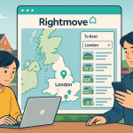 イギリスの住宅街で、ノートパソコンとスマートフォンを使ってRightmoveの賃貸物件を検索する日本人。画面には地図と物件リストが表示され、背景にはロンドンの赤い二階建てバスとレンガ造りの家が見えるデジタルイラスト。