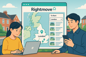 イギリスの住宅街で、ノートパソコンとスマートフォンを使ってRightmoveの賃貸物件を検索する日本人。画面には地図と物件リストが表示され、背景にはロンドンの赤い二階建てバスとレンガ造りの家が見えるデジタルイラスト。
