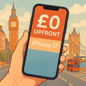 ロンドンの街並みを背景に、£0アップフロントと表示されたiPhone 17を手に持つ人のイラスト。ビッグ・ベンとタワーブリッジが描かれている。