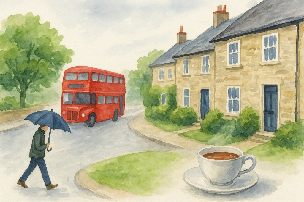 イギリスの街並みを描いた水彩イラスト。赤い2階建てバスと石造りの家、傘をさす人、ティーカップが描かれた英国の暮らしを感じる風景。