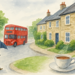 イギリスの街並みを描いた水彩イラスト。赤い2階建てバスと石造りの家、傘をさす人、ティーカップが描かれた英国の暮らしを感じる風景。