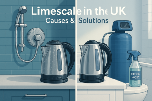 イギリスの浴室とキッチンを背景に、シャワーヘッドとケトルに白いスケールが付着している様子と、除去後の清潔な状態を対比したデジタルイラスト。「Limescale in the UK – Causes & Solutions」という文字が表示され、硬水によるカルシウム汚れの原因と対策を象徴している。
