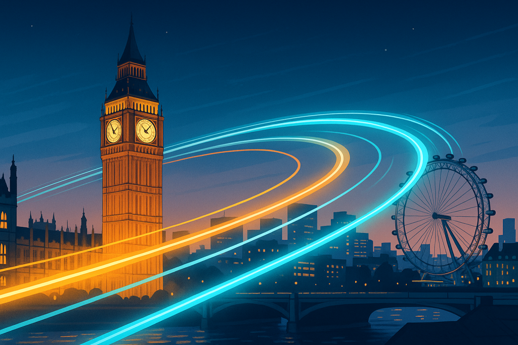 ロンドンの夜景にビッグ・ベンとロンドン・アイが描かれ、光のラインが高速ブロードバンド接続を象徴するデジタルイラスト。