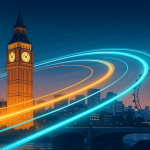 ロンドンの夜景にビッグ・ベンとロンドン・アイが描かれ、光のラインが高速ブロードバンド接続を象徴するデジタルイラスト。