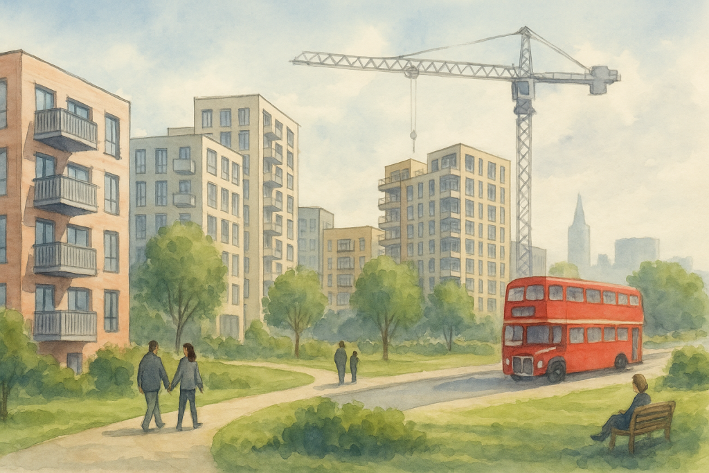 ロンドン北西部コリンデールの再開発エリアを描いた水彩イラスト。建設中の新しい住宅街とクレーン、赤い2階建てバスが走るロンドンの街並み。
