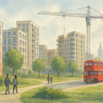 ロンドン北西部コリンデールの再開発エリアを描いた水彩イラスト。建設中の新しい住宅街とクレーン、赤い2階建てバスが走るロンドンの街並み。