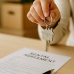 ロンドンの賃貸退去時に鍵を返却する様子。木のテーブルの上に賃貸契約書とペンがあり、手に持った家形のキーホルダー付き鍵が象徴的に写っている。