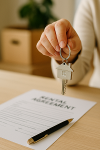 ロンドンの賃貸退去時に鍵を返却する様子。木のテーブルの上に賃貸契約書とペンがあり、手に持った家形のキーホルダー付き鍵が象徴的に写っている。