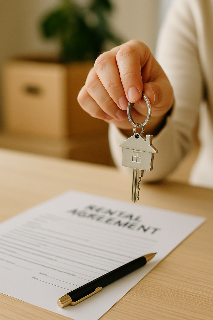 ロンドンの賃貸退去時に鍵を返却する様子。木のテーブルの上に賃貸契約書とペンがあり、手に持った家形のキーホルダー付き鍵が象徴的に写っている。