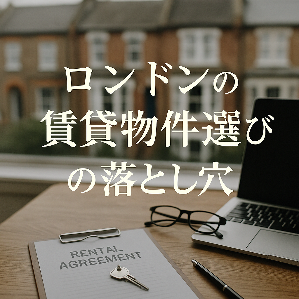 ロンドンの賃貸物件選びの落とし穴をテーマにした雑誌風アイキャッチ画像。木のテーブルに契約書と鍵、背景にロンドンの住宅街が見える。