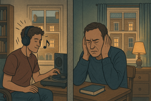 イギリスのアパートで隣人の大音量に悩む人のイラスト。壁の向こうでは音楽を流す若者がおり、英国の住宅騒音問題を象徴的に描いた場面。