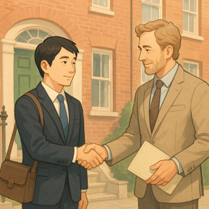 ロンドンの住宅街で日本人テナントが不動産エージェントと握手を交わすイラスト。信頼と誠実さを象徴する場面で、イギリス賃貸市場における日本人入居者の人気を表現。