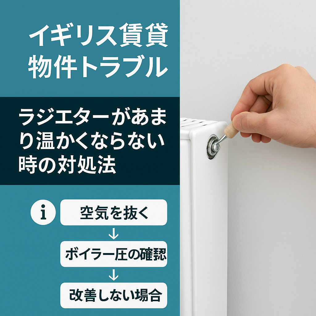 イギリスの賃貸物件でラジエターが温まらない時の対処法を説明する図。ラジエターの空気を抜く作業をしている手元の写真と手順が示されたデザイン。