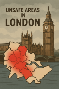 ロンドンの地図上に危険エリアを赤く示したフラットスタイルのデジタルイラスト。背景にはビッグ・ベンと曇り空が描かれている。