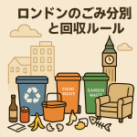 ロンドンのごみ分別と回収ルールを示すイラスト。食品ごみ、リサイクル、庭ごみの各ビンと街並みが描かれている。