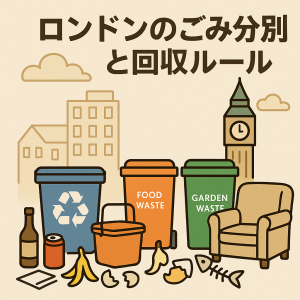 ロンドンのごみ分別と回収ルールを示すイラスト。食品ごみ、リサイクル、庭ごみの各ビンと街並みが描かれている。