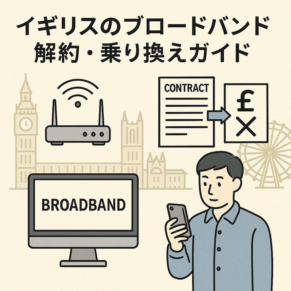 イギリスのブロードバンド解約と乗り換えを説明するイラスト。スマートフォンを持つ男性、契約書、Wi-Fiルーター、ロンドンの街並みが描かれている。