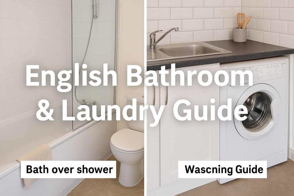イギリスの典型的なバスルームとキッチンにある洗濯機を並べて比較した写真。左はバスオーバーシャワー付き浴室、右はシンク下に洗濯機が組み込まれたキッチンの様子。