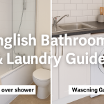 イギリスの典型的なバスルームとキッチンにある洗濯機を並べて比較した写真。左はバスオーバーシャワー付き浴室、右はシンク下に洗濯機が組み込まれたキッチンの様子。