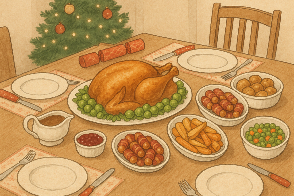 イギリスのクリスマスディナーのイラスト。テーブルの中央にローストターキーと芽キャベツ、周りにロースト野菜やソーセージ料理、クリスマスツリーが描かれている。