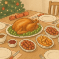 イギリスのクリスマスディナーのイラスト。テーブルの中央にローストターキーと芽キャベツ、周りにロースト野菜やソーセージ料理、クリスマスツリーが描かれている。