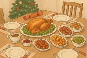 イギリスのクリスマスディナーのイラスト。テーブルの中央にローストターキーと芽キャベツ、周りにロースト野菜やソーセージ料理、クリスマスツリーが描かれている。