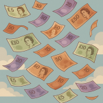 イギリスの紙幣が空から舞い落ちる様子を描いたデジタルイラスト。経済の変動や希望の象徴として表現されている。