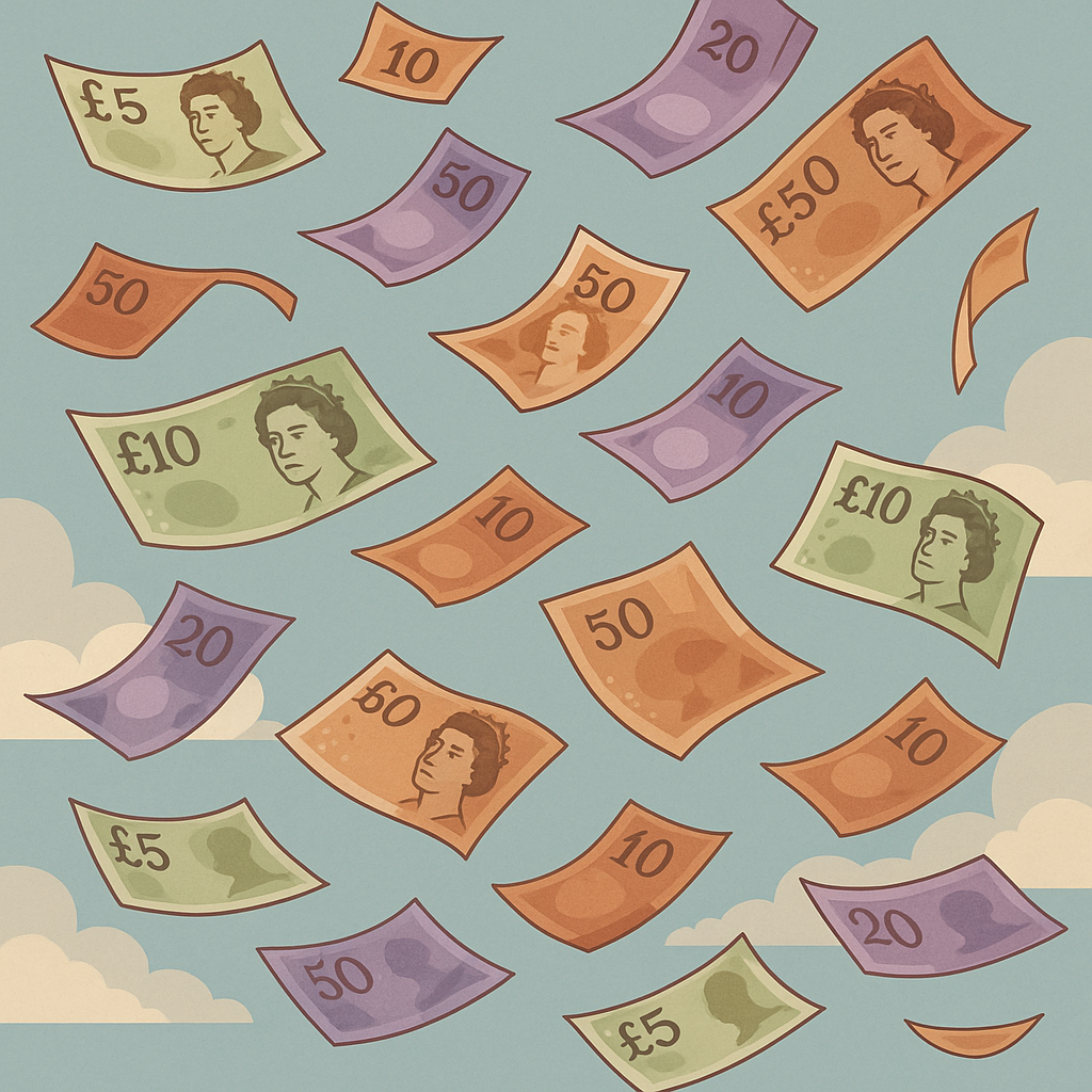 イギリスの紙幣が空から舞い落ちる様子を描いたデジタルイラスト。経済の変動や希望の象徴として表現されている。