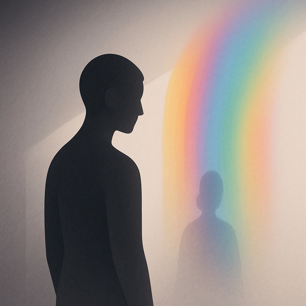 光と影が交わる中で、人のシルエットが溶け合う抽象的なイラスト。差別や偏見が薄れ、共感が広がる様子を表している。