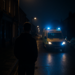 夜のイギリスの街で、街灯の下に立つ若い男性の後ろ姿。遠くには青い光を放つ救急車が見える。