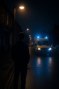 夜のイギリスの街で、街灯の下に立つ若い男性の後ろ姿。遠くには青い光を放つ救急車が見える。