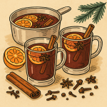オレンジスライスとシナモンスティックが入ったモルドワイン(ホットワイン)のイラスト。2つのマグカップと鍋、クローブやスターアニスが描かれている。