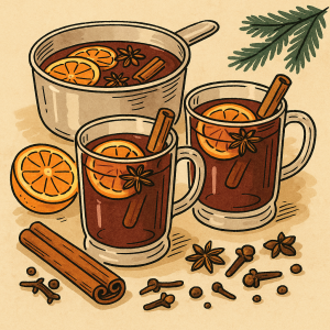 オレンジスライスとシナモンスティックが入ったモルドワイン（ホットワイン）のイラスト。2つのマグカップと鍋、クローブやスターアニスが描かれている。