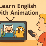 テレビでアニメ『Adventure Time』を見ながら英語を学ぶ少年のイラスト。画面にはフィンとジェイクが登場し、「Learn English with Animation」の文字が描かれている。