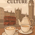 ロンドンの街並みを背景に、カフェテーブルの上にカプチーノと紅茶が並ぶイラスト。赤い二階建てバスとビッグベンが描かれ、イギリスのコーヒー文化を象徴している。