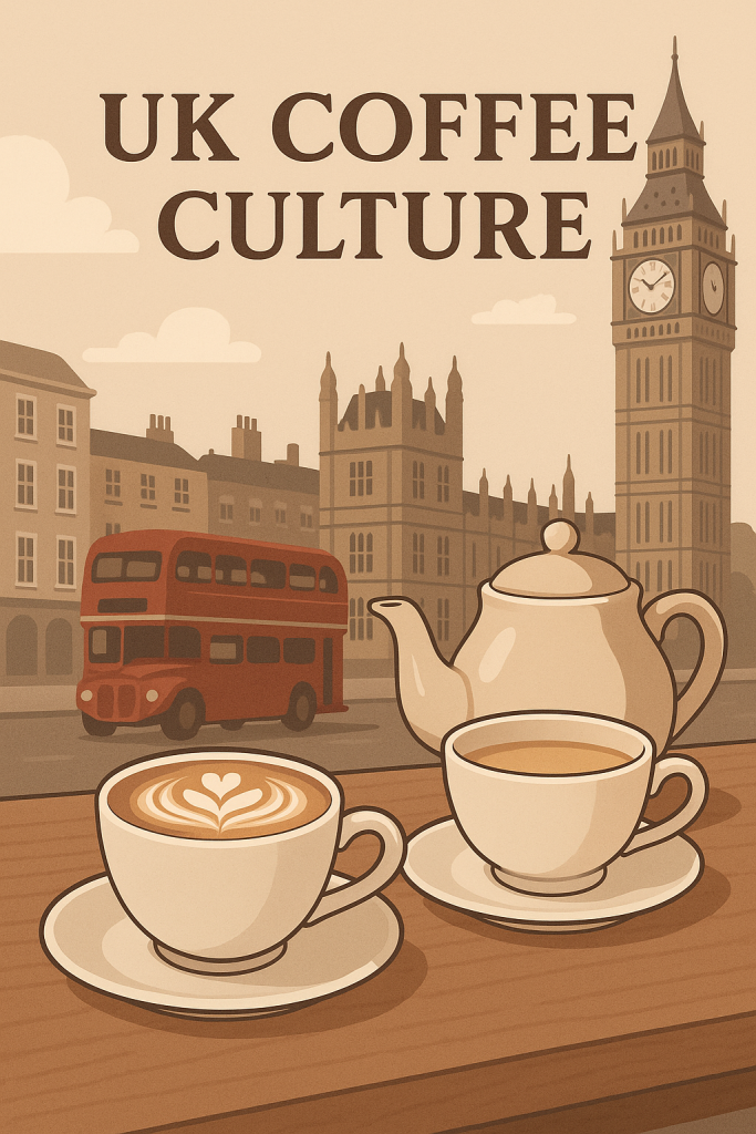ロンドンの街並みを背景に、カフェテーブルの上にカプチーノと紅茶が並ぶイラスト。赤い二階建てバスとビッグベンが描かれ、イギリスのコーヒー文化を象徴している。