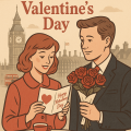 ロンドンの街並みを背景に、男性が赤いバラの花束を渡し、女性が「Happy Valentine’s Day」と書かれたカードを受け取るイギリスのバレンタインデーを描いたヴィンテージ風イラスト。