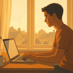 自宅の窓際でノートパソコンに向かい、朝の光を浴びながら新しいビジネスの準備をする若者。イギリスの在宅起業を象徴するシーン。