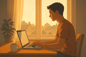 自宅の窓際でノートパソコンに向かい、朝の光を浴びながら新しいビジネスの準備をする若者。イギリスの在宅起業を象徴するシーン。
