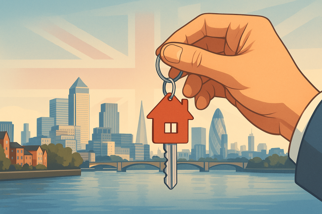 ロンドンの街並みを背景に、家の形をしたキーチェーンを握る手のイラスト。英国不動産投資の象徴として描かれている。