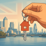 ロンドンの街並みを背景に、家の形をしたキーチェーンを握る手のイラスト。英国不動産投資の象徴として描かれている。