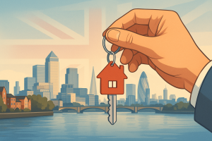 ロンドンの街並みを背景に、家の形をしたキーチェーンを握る手のイラスト。英国不動産投資の象徴として描かれている。