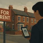 ロンドンの住宅街で、スマートフォンを手に不動産サイトをチェックする人物のイラスト。背景には「For Rent」の看板とレンガ造りの家が並ぶ。